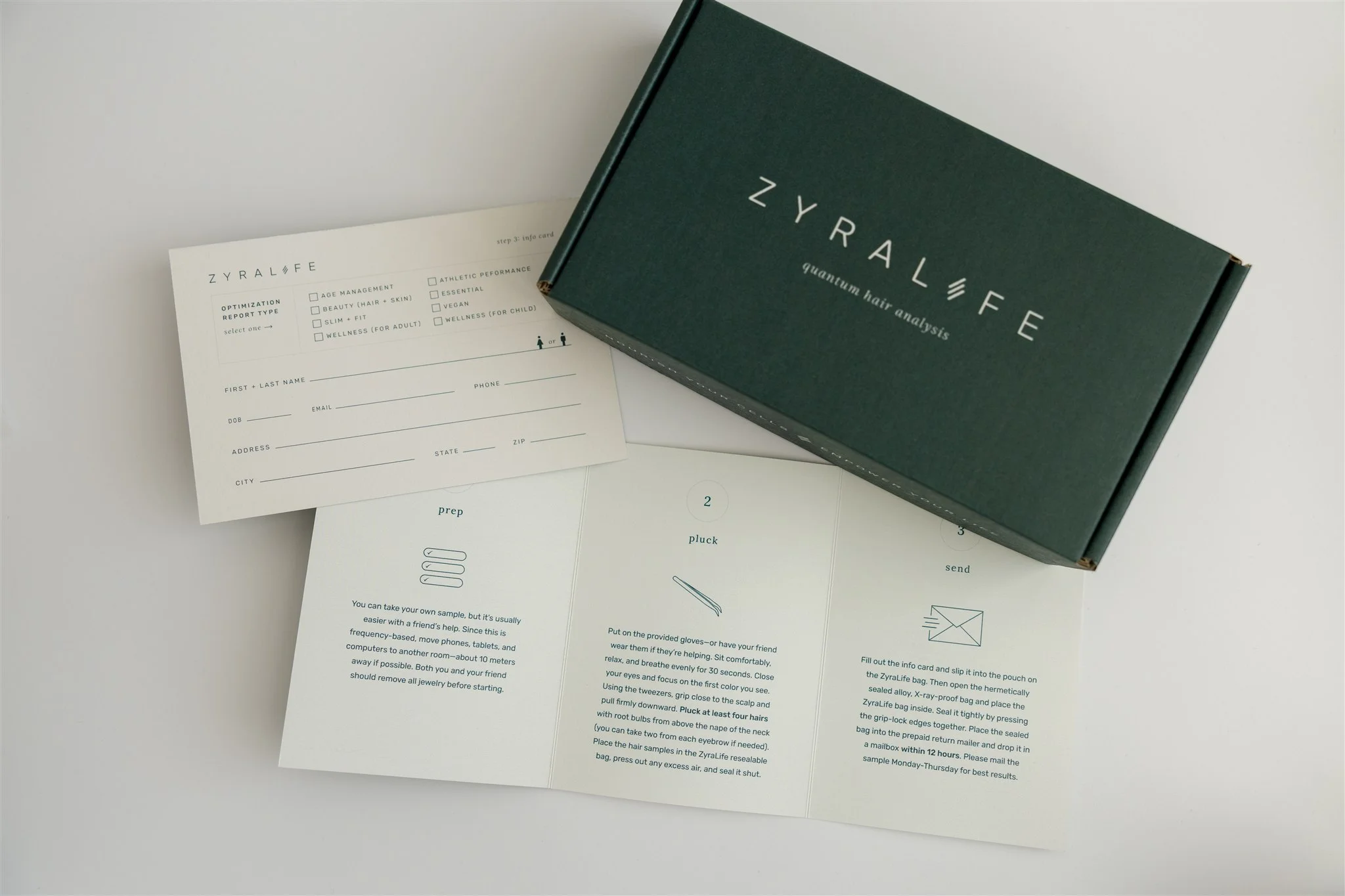 ZyraLife Quantum Hair Analysis Kit — box, instructions, and info card laid out